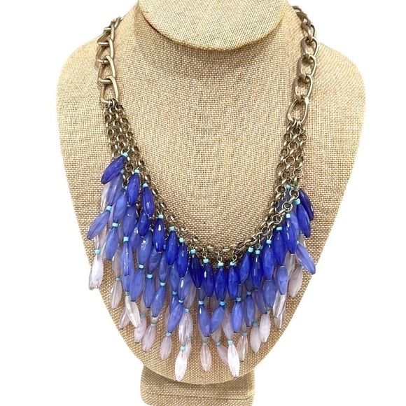 unbranded Jewelry - TRIPLE Layered Beaded Boho Statement Necklace Blue White